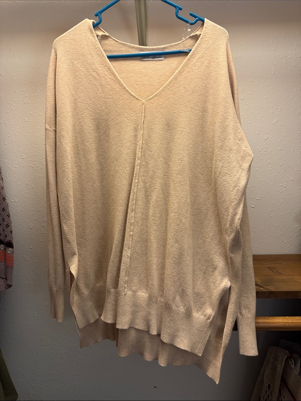 Zenana Light Beige V-Neck Layered-Hem Sweater